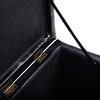 Black faux leather foldable cube ottoman pouffe with cushioned top and hinge design for storage and organization.