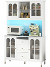 White kitchen pantry cabinet with LED lights, adjustable shelves, and multiple storage areas, ideal for kitchen.