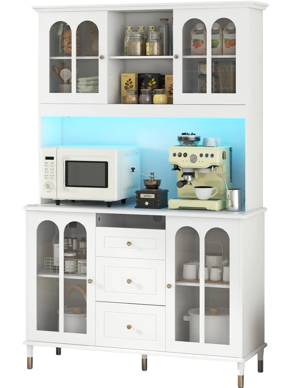 White kitchen pantry cabinet with LED lights, adjustable shelves, and multiple storage areas, ideal for kitchen.