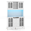Freestanding 73-inch white kitchen pantry cabinet with LED lights, adjustable shelves, and glass doors for elegant.