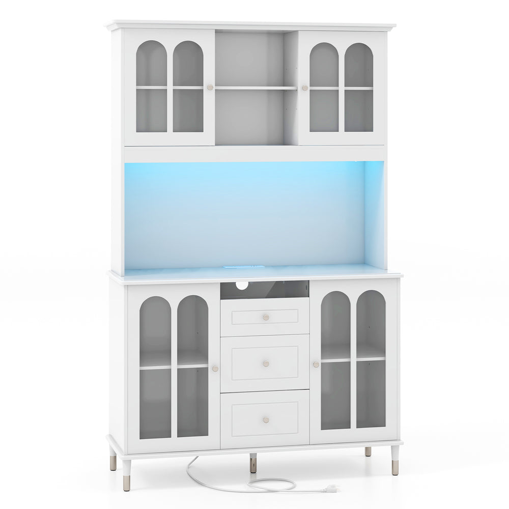 Freestanding 73-inch white kitchen pantry cabinet with LED lights, adjustable shelves, and glass doors for elegant.