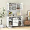 Freestanding white kitchen pantry storage cabinet with LED lights, adjustable shelves, and glass doors for elegant.