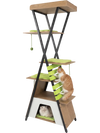 Multi-level cat tree with elevated perch, large condo, and green cushions for indoor cats' comfort and play.