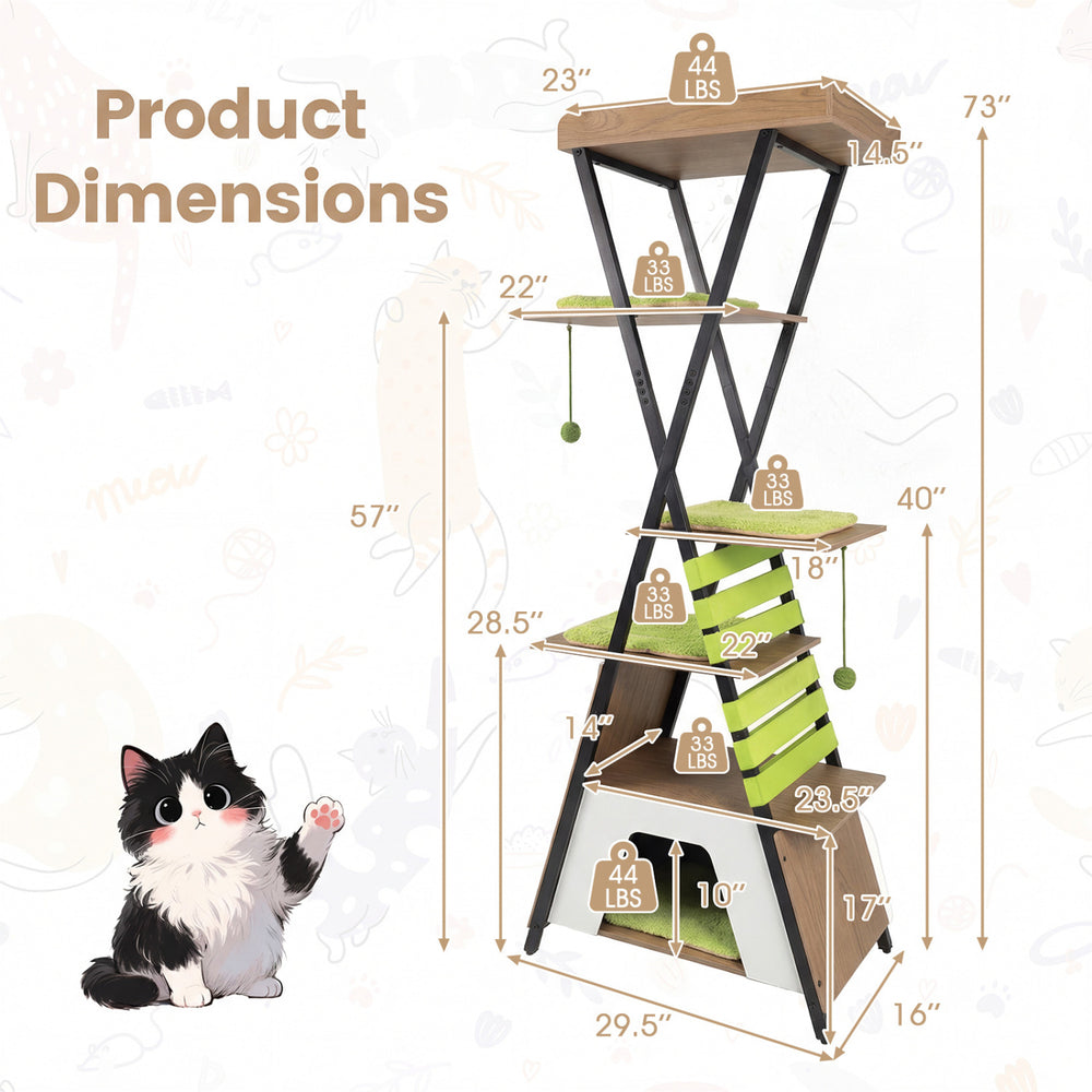 Multi-level cat tree with elevated perch, large condo, and soft fleece for indoor cats, measuring 73 inches tall.