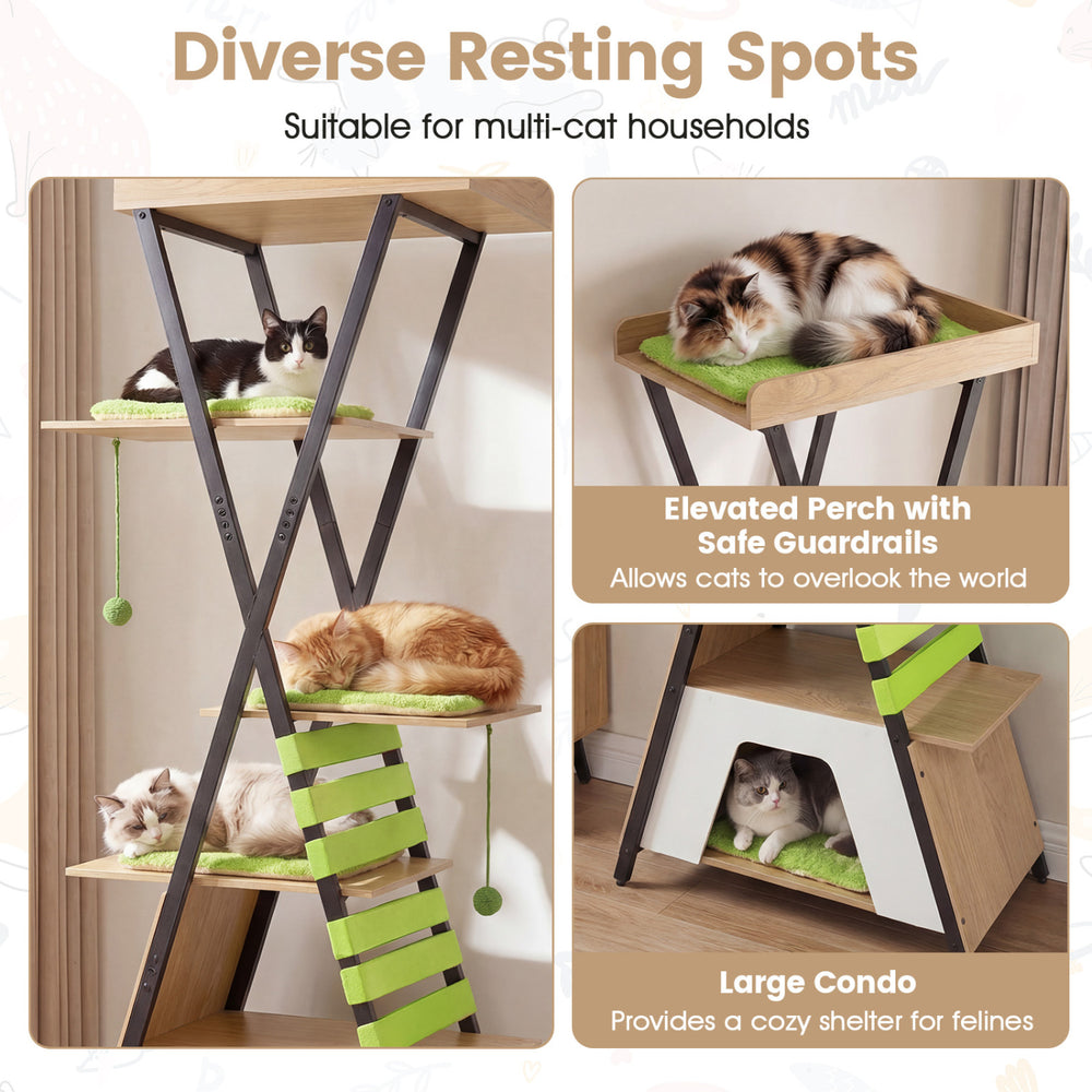 Multi-level cat tree featuring an elevated perch with guardrails and a large condo, perfect for indoor cats.