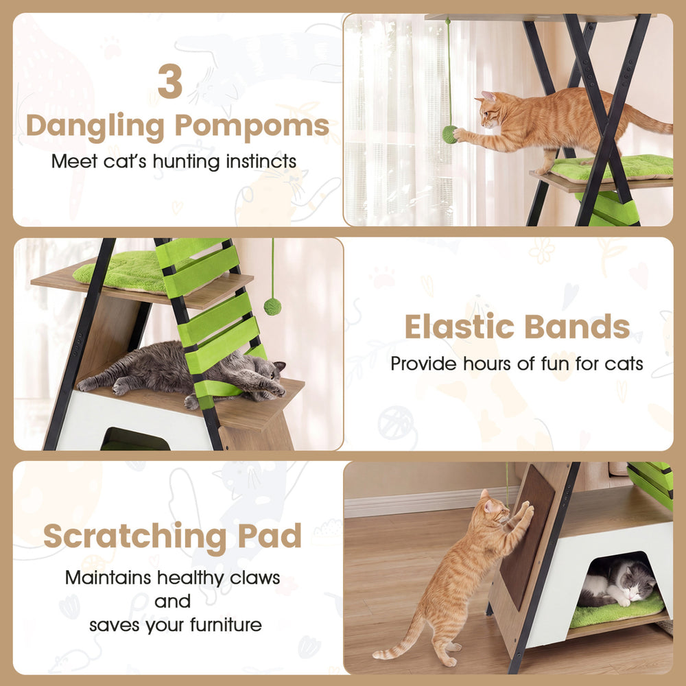 Multi-level cat tree with elevated perch, large condo, and dangling pompoms for indoor cats' play and relaxation.