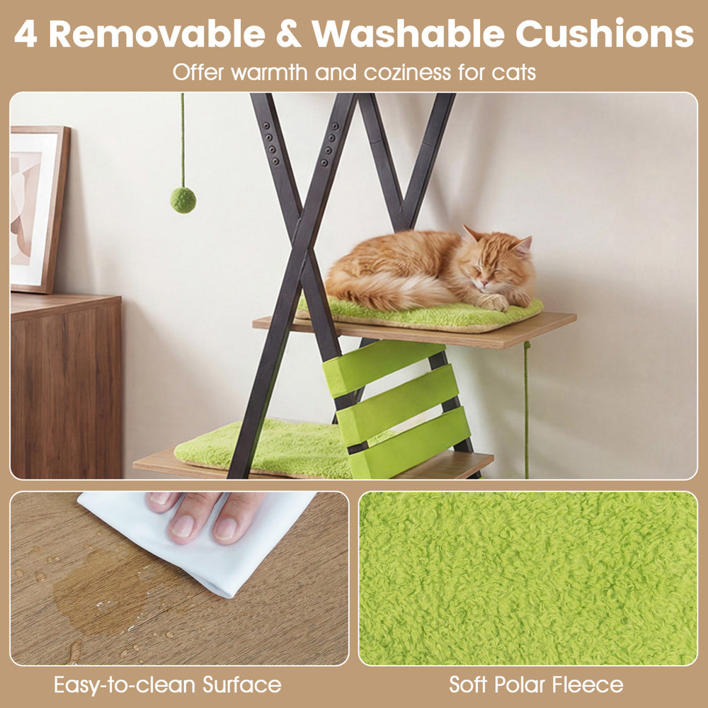 Multi-level cat tree with green soft polar fleece cushions, elevated perch, and easy-to-clean surface for indoor cats.