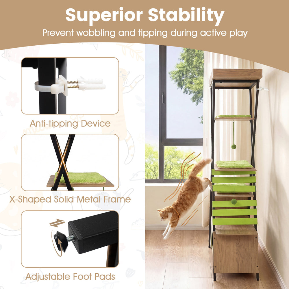 Multi-level cat tree with elevated perch, large condo, and anti-tipping device for indoor cats' stability and fun.