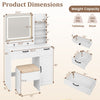 Vanity set dimensions with mirror, adjustable brightness, and storage features for organized makeup application.