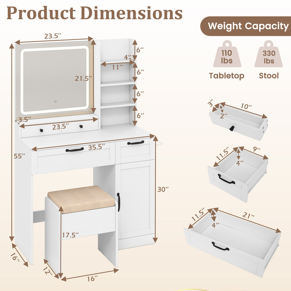 Vanity set dimensions with mirror, adjustable brightness, and storage features for organized makeup application.