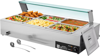 Vevor Commercial Steam Food Warmer with Glass Cover 6 Pans 1500W New