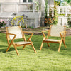 Natural teak wood patio chairs with webbing seats and backrests, perfect for indoor or outdoor relaxation.