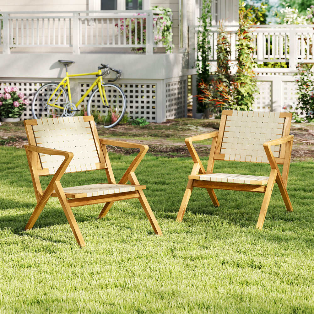 Natural teak wood patio chairs with webbing seats and backrests, perfect for indoor or outdoor relaxation.