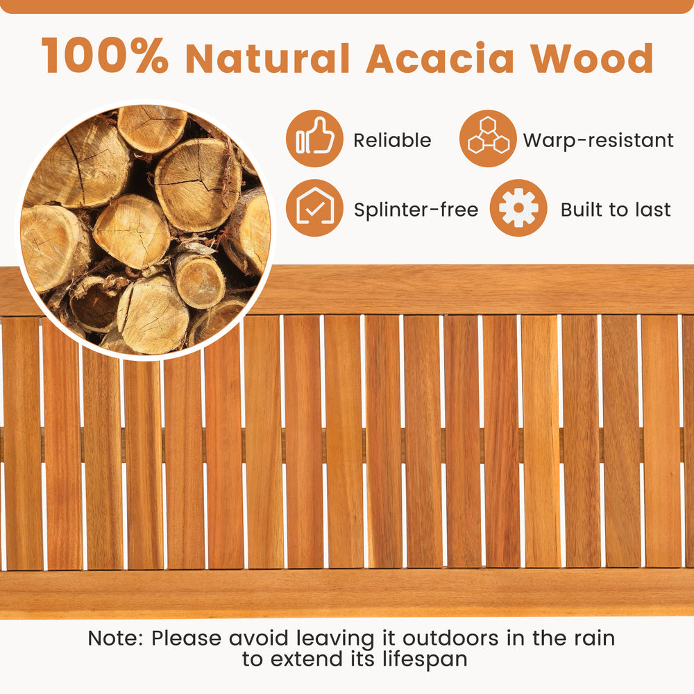 Close-up of slatted seat made from 100% natural acacia wood, reliable and warp-resistant, ideal for outdoor benches.