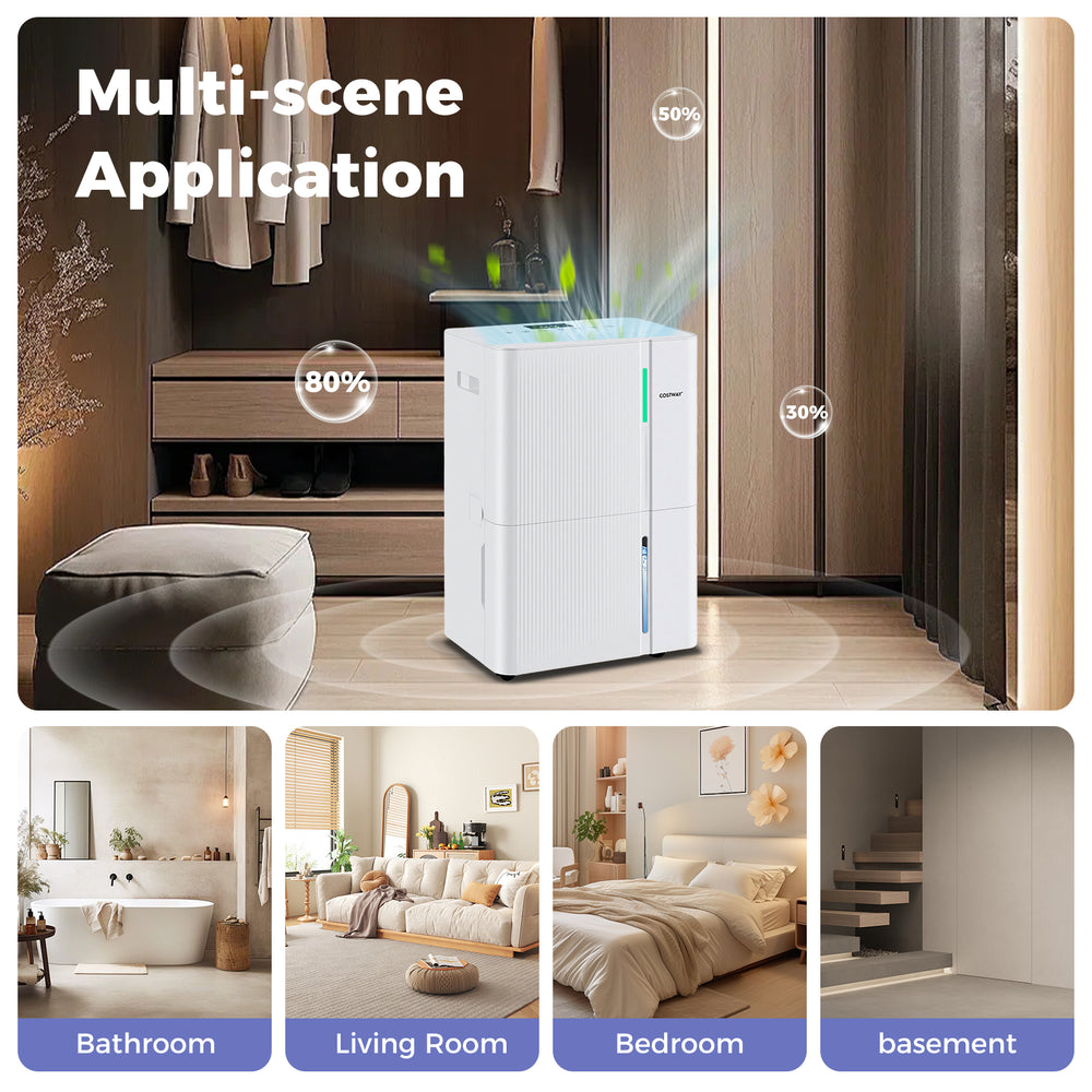 74-pint dehumidifier with LED display and humidity indicator, ideal for large rooms like basements and bedrooms.