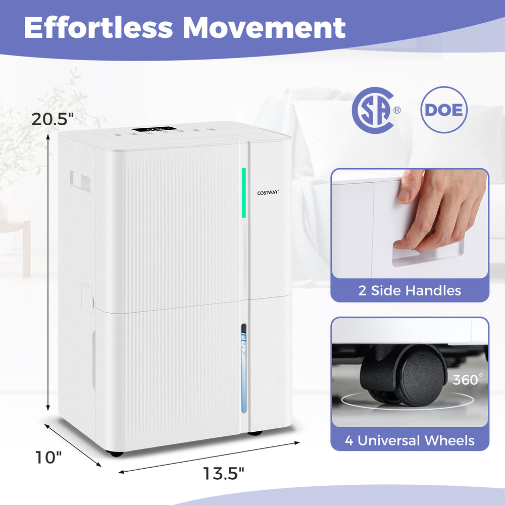 74-pint dehumidifier with LED display, 4 universal wheels, and side handles for easy movement in large rooms.