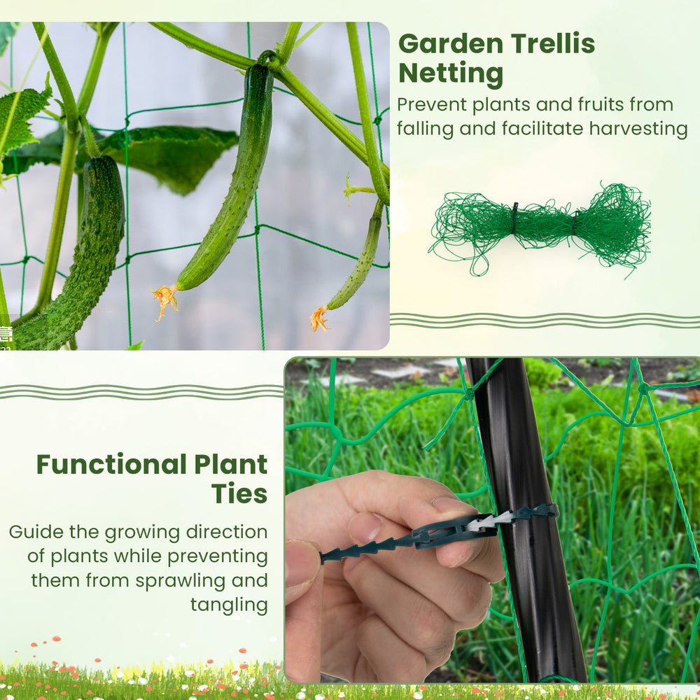 Garden trellis netting with cucumbers, featuring sturdy clips and PE-coated metal tubes for supporting climbing plants.