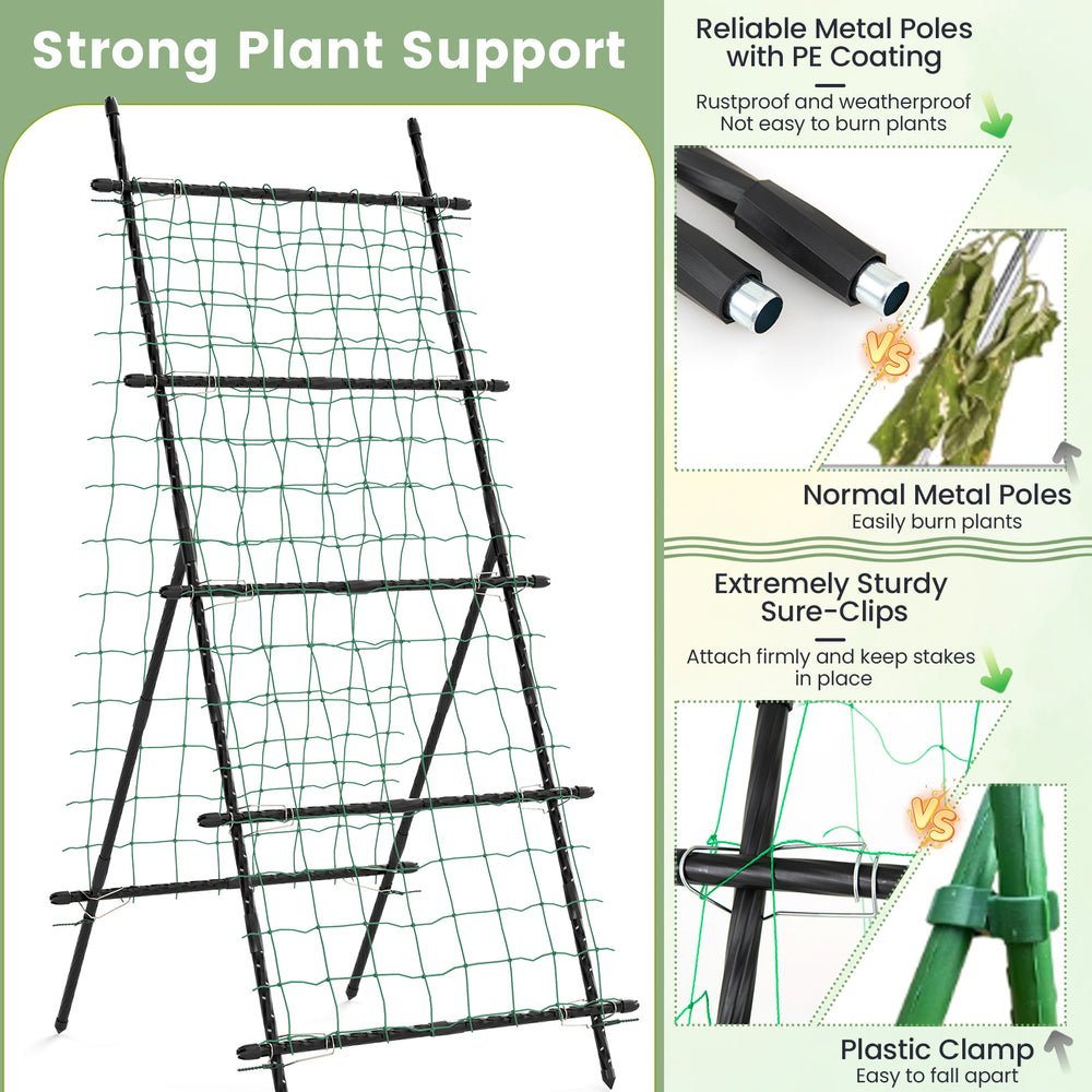 74-inch tall A-frame garden trellis in black with PE-coated metal poles, ideal for supporting climbing plants.