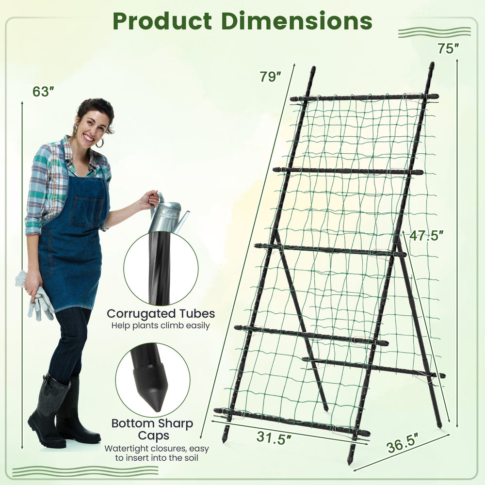 A-frame garden trellis for climbing plants, 74 inches tall, featuring durable PE-coated metal tubes and sturdy.