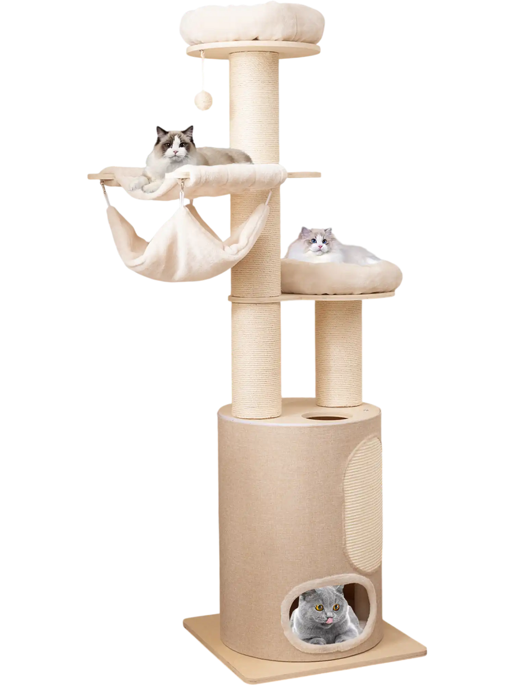 Tall wooden cat tower with 2-story condo, hammocks, and removable cushions for playful and cozy napping spots.