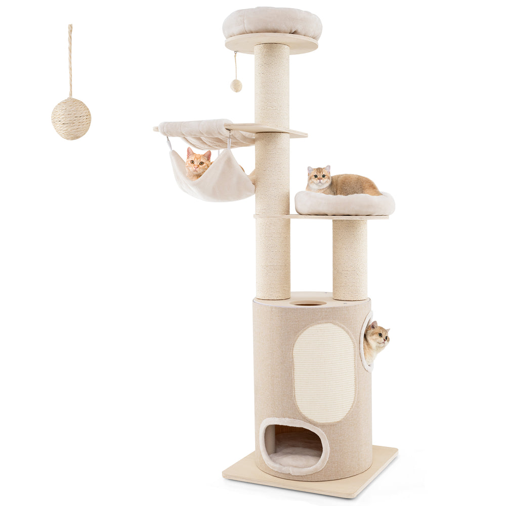 Cat tower features cozy perches with thick padded cushions and a playful sisal dangling ball for interactive fun.
