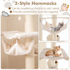 Two-style hammocks on a 74-inch tall wooden cat tower, providing cozy napping spots for cats.