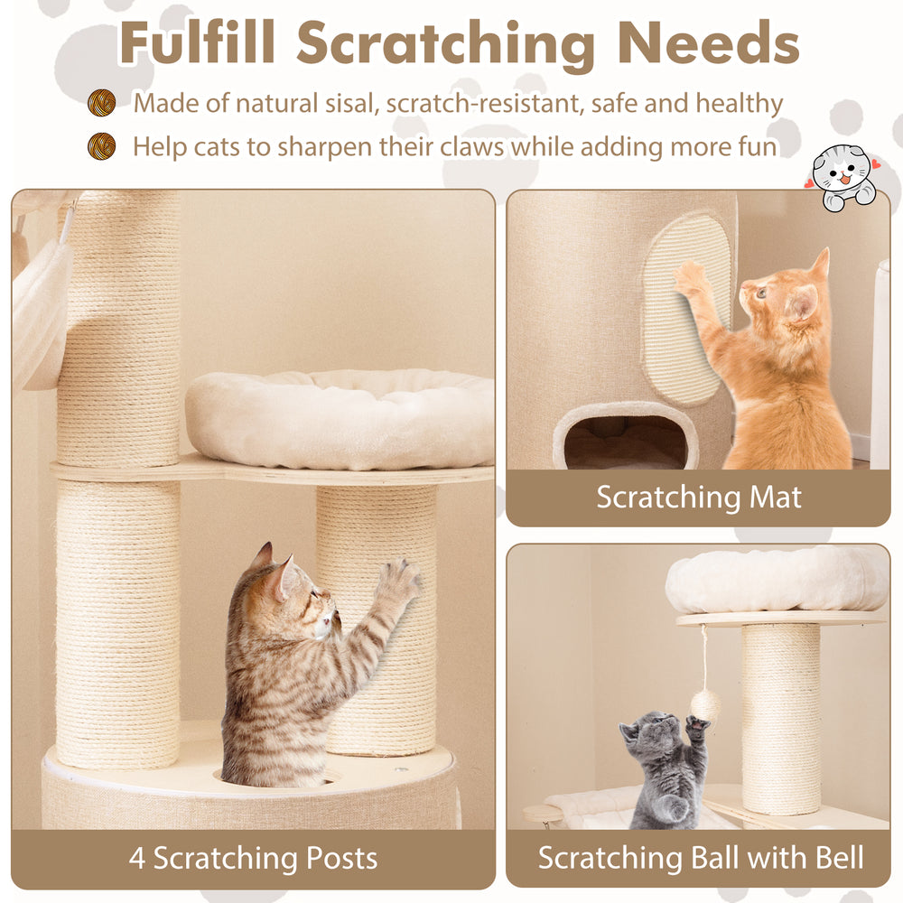 74-inch tall wooden cat tower with 2-story condo, sisal scratching posts, and washable cushions for playful cats.