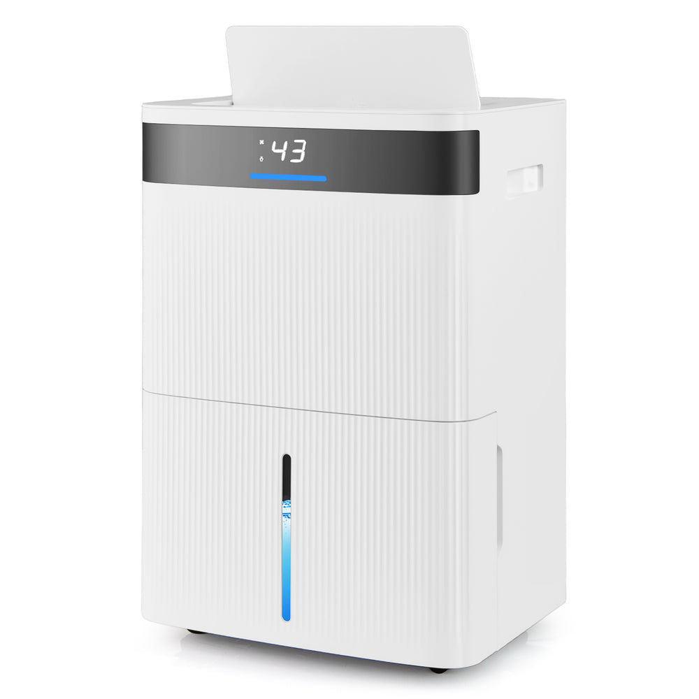 74 pints dehumidifier in white with smart touch control, 3 modes, and large water tank for home use.
