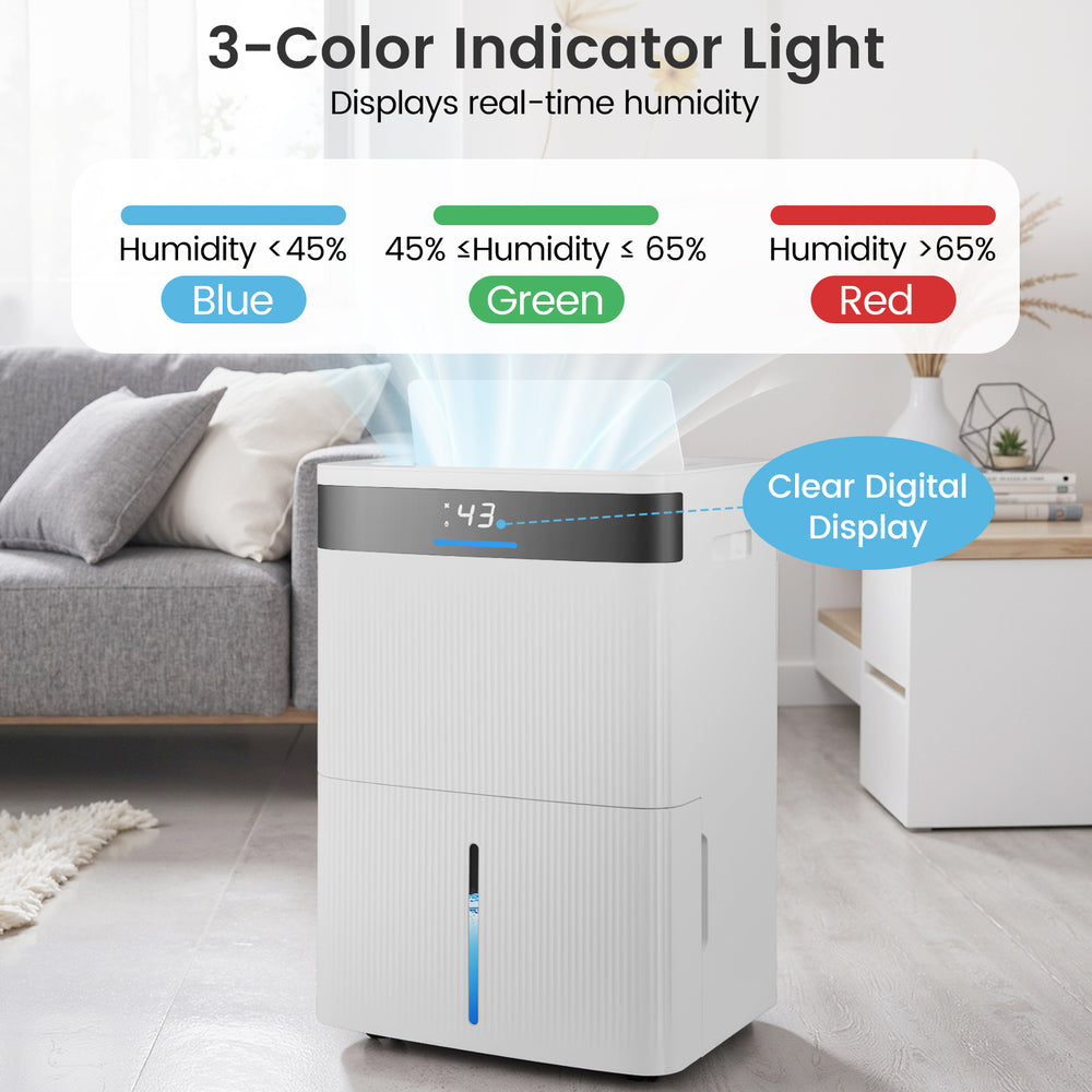 74 Pints dehumidifier in white with a clear digital display and 3-color humidity indicator for home use.