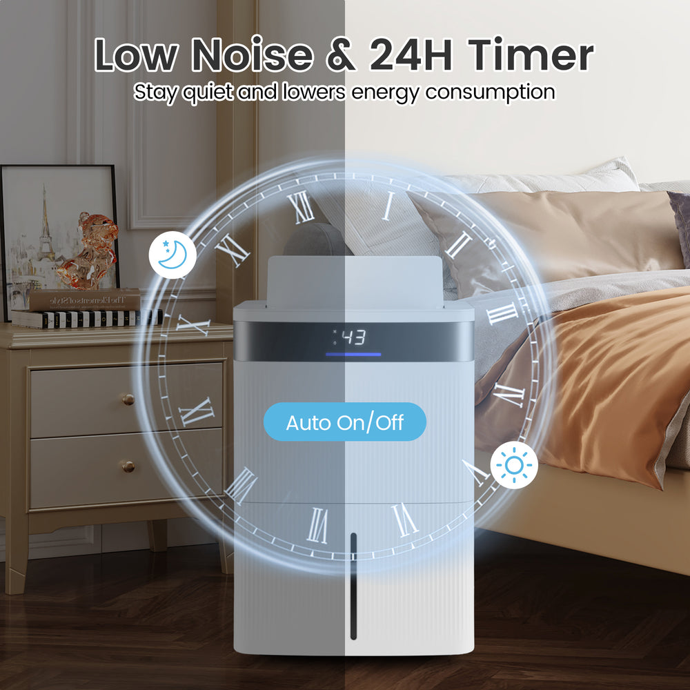 74 pints dehumidifier with smart touch control, 24-hour timer, and quiet operation for home use in white.