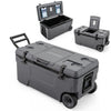 Portable 74 quart gray rolling cooler with fish ruler, 2 wheels, and cup holders, ideal for camping and outdoor activities.