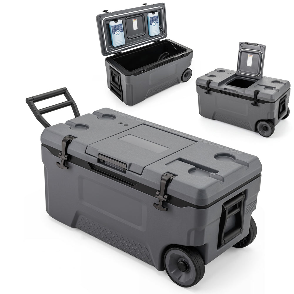 Portable 74 quart gray rolling cooler with fish ruler, 2 wheels, and cup holders, ideal for camping and outdoor activities.