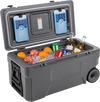74 quart portable rolling cooler in gray, featuring ice bags, cup holders, and a fish ruler, ideal for outdoor activities.