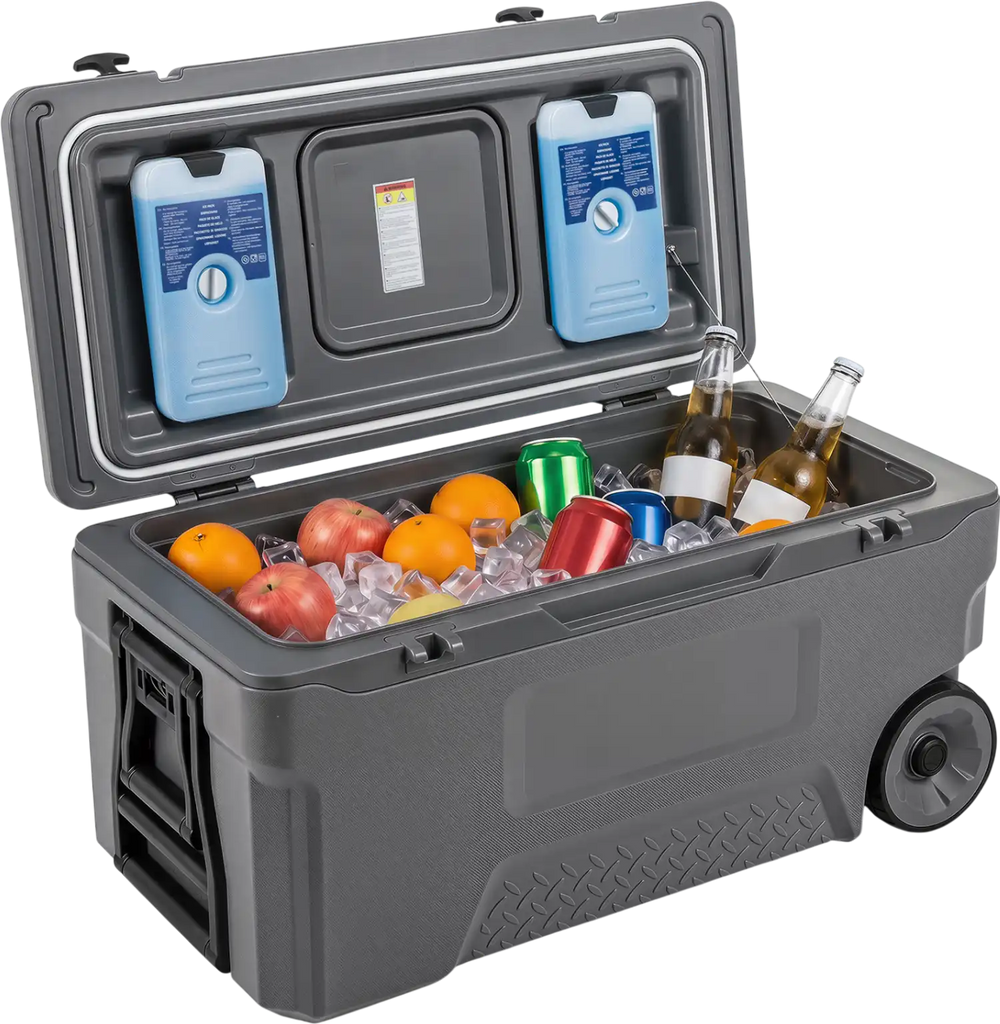 74 quart portable rolling cooler in gray, featuring ice bags, cup holders, and a fish ruler, ideal for outdoor activities.