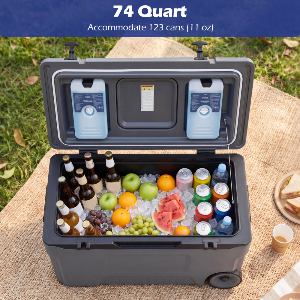 74 Quart portable rolling cooler in gray with ice bags, accommodates 123 cans, ideal for camping and picnics.