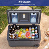 74 Quart portable rolling cooler in gray with ice bags, accommodates 123 cans, ideal for camping and picnics.