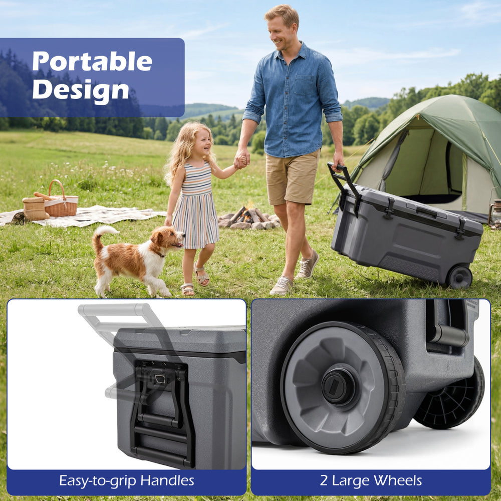 74 quart portable rolling cooler in gray with easy-to-grip handles and large wheels for convenient outdoor transport.