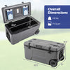 74 Quart Portable Rolling Cooler in gray features sturdy HDPE construction, ice bags, and fish ruler for outdoor activities.