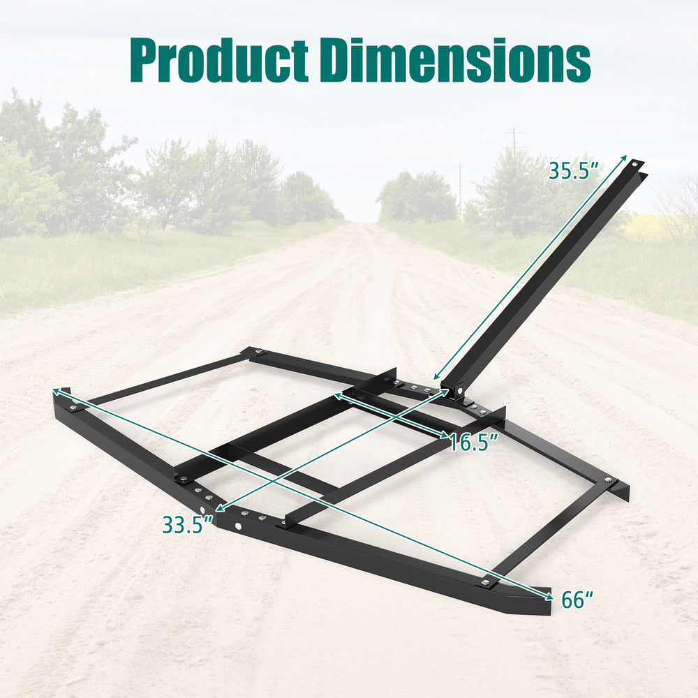 Driveway drag tow behind landscape leveling rake dimensions, featuring a reinforced black metal frame for durability.
