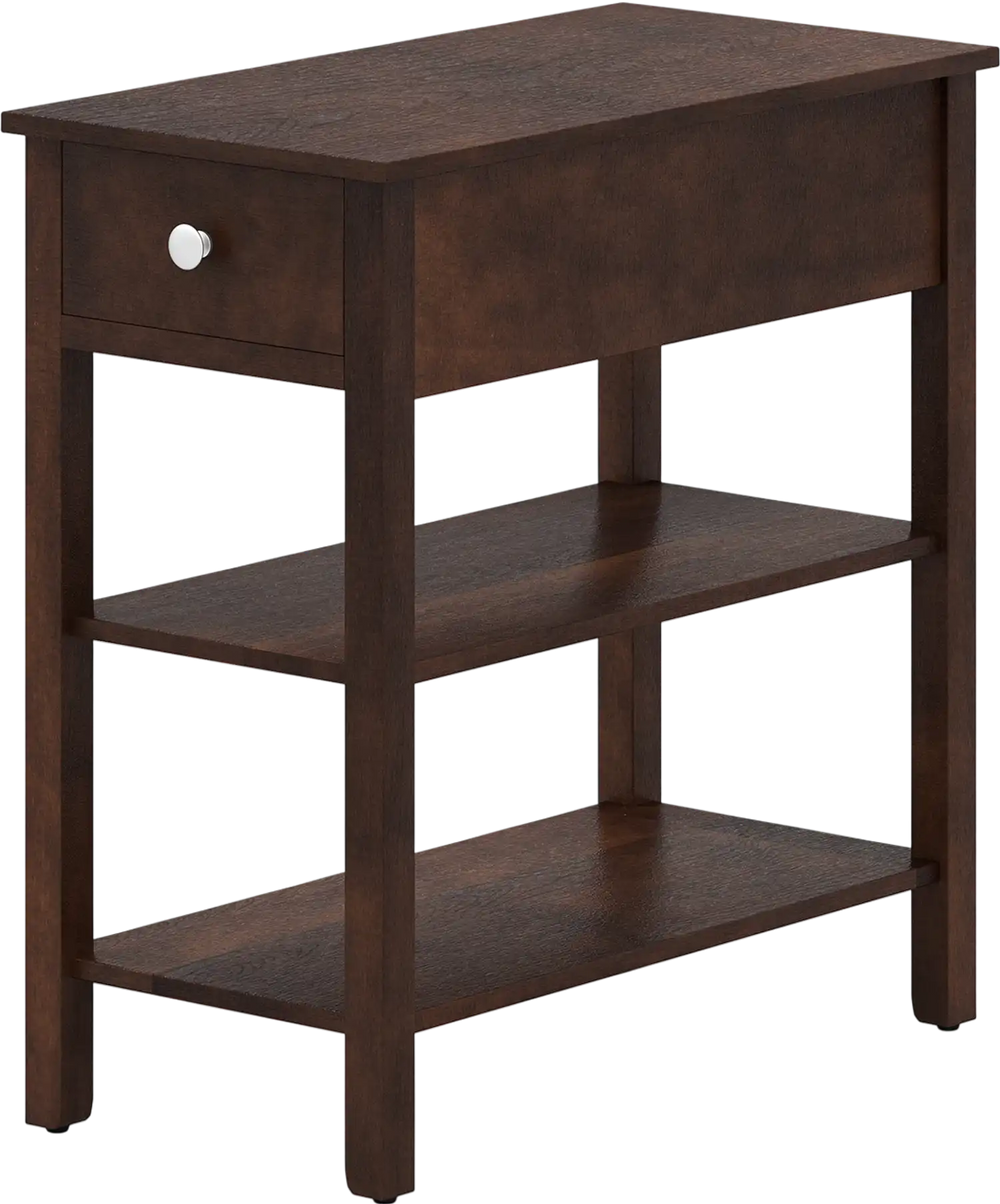Narrow 3-tier end table in walnut with a drawer and storage shelves, perfect for small spaces in living rooms or.