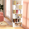 S-shaped geometric bookcase with six open shelves in a modern living room, perfect for books and decor organization.