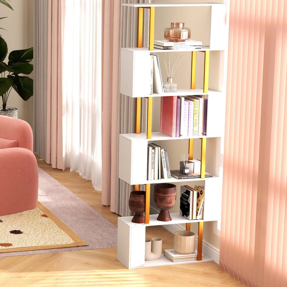S-shaped geometric bookcase with six open shelves in a modern living room, perfect for books and decor organization.