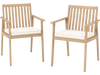 Set of two outdoor acacia wood dining chairs with removable white cushions, ideal for patio or backyard relaxation.