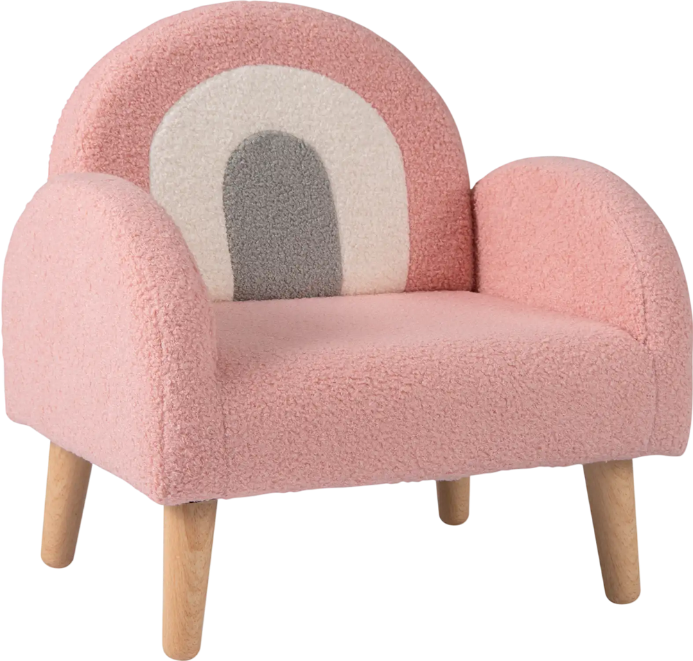 Kids armchair in pink teddy fleece with ergonomic backrest and armrests, perfect for home or kindergarten use.