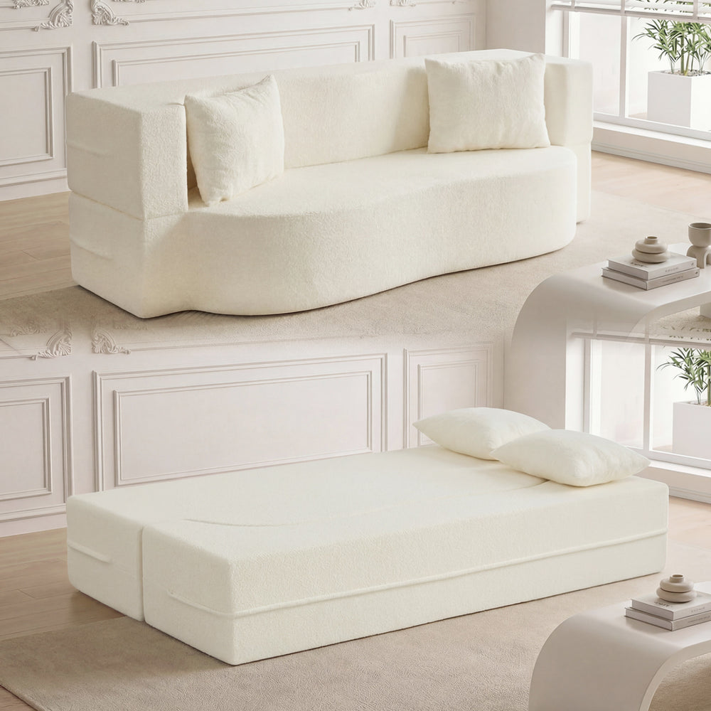 Beige 75.5-inch folding sofa bed in 2-in-1 design, featuring teddy fleece cover and two comfortable pillows for.
