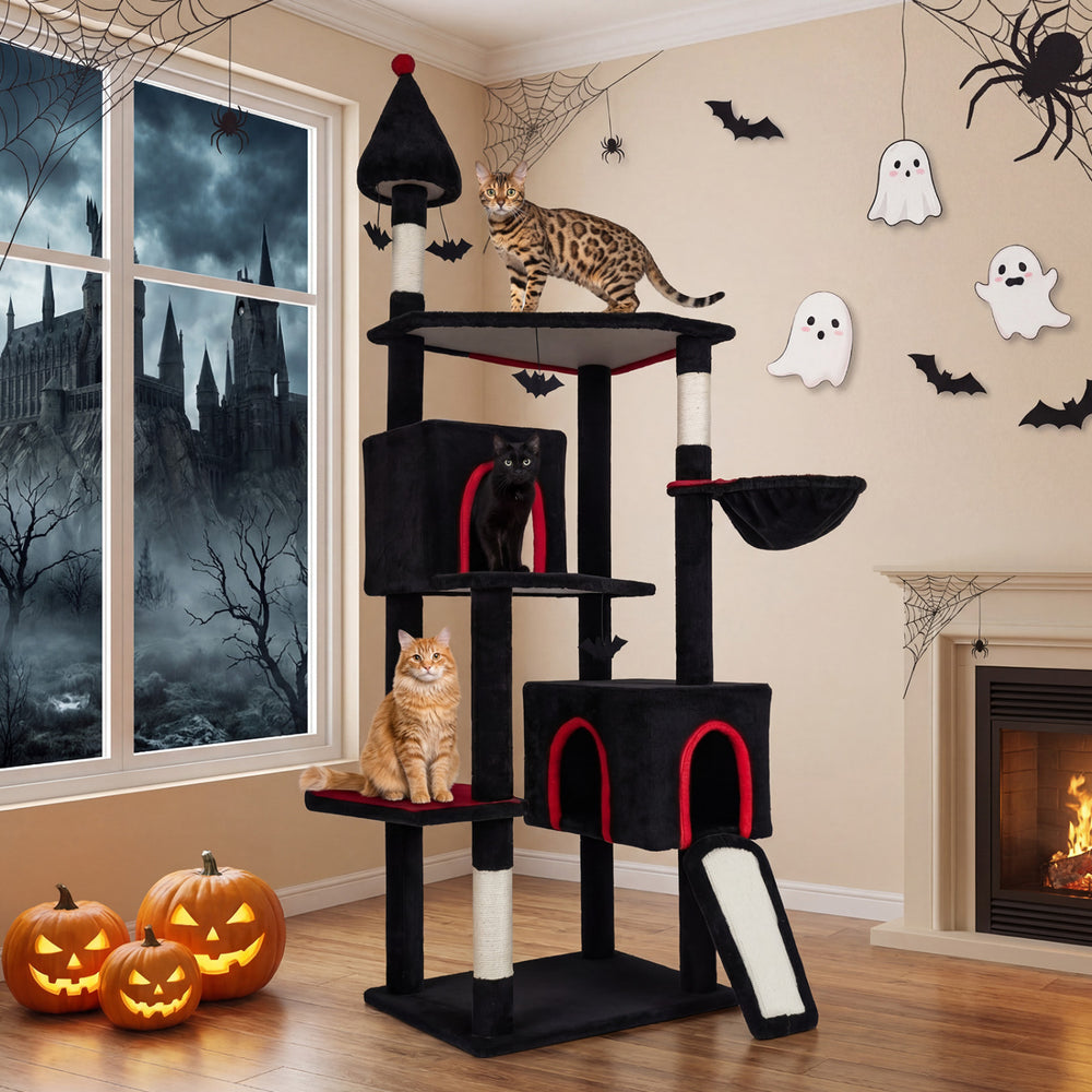 Gothic cat tree with black-and-red design, featuring 2 condos, top perch, and multiple scratching posts for large cats.