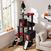 Gothic cat tree in black and red with two condos, top perch, and scratching posts for large cats over 20 lbs.
