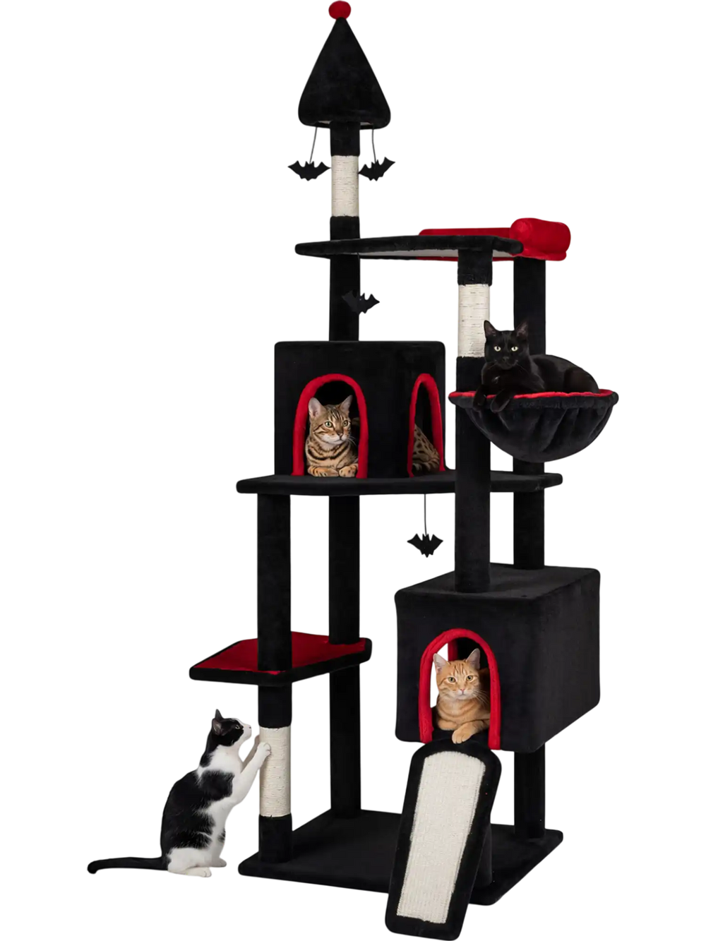 Gothic cat tree showcasing a rotatable basket and padded perch, perfect for lounging and window watching for large cats.