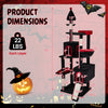 Gothic cat tree dimensions showing 75-inch height, 2 condos, and top perch for large cats, featuring black-and-red.