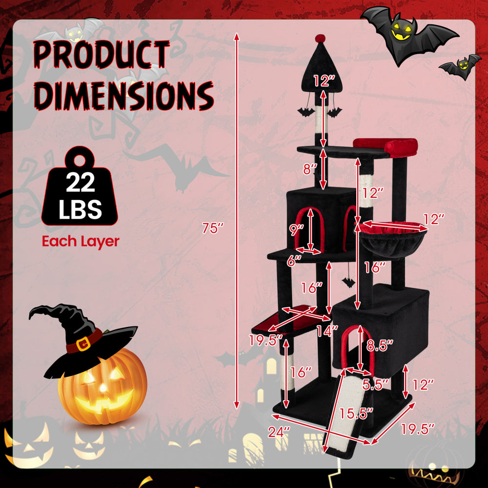 Gothic cat tree dimensions showing 75-inch height, 2 condos, and top perch for large cats, featuring black-and-red.